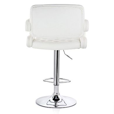 Elama Faux Leather Tufted Bar Stool in White with Chrome Base and Adjustable Height