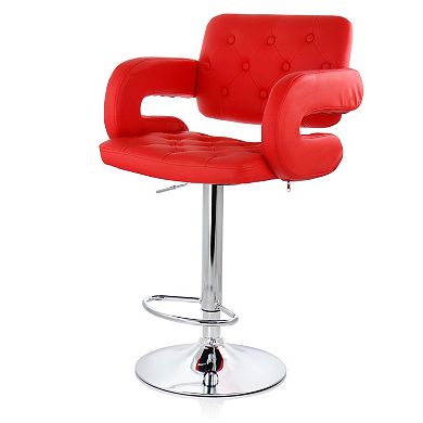 Elama Faux Leather Tufted Bar Stool in White with Chrome Base and Adjustable Height