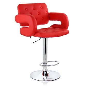 Elama Faux Leather Tufted Bar Stool in White with Chrome Base and Adjustable Height