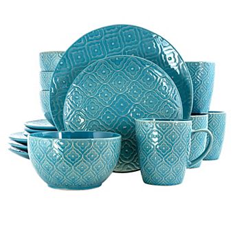 Elama Aqua Lily 16 pc Luxurious Stoneware Dinnerware with Complete Setting for 4
