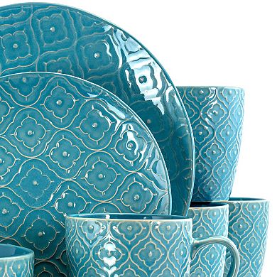 Elama Aqua Lily 16 Piece Luxurious Stoneware Dinnerware with Complete Setting for 4