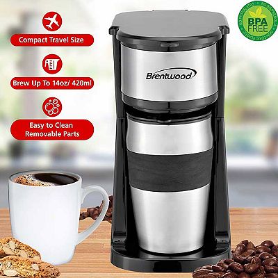 Brentwood Single Cup Black Portable Coffee Maker with 14 oz. Travel Mug