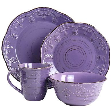 Elama Rustic Birch 16 Piece Stoneware Dinnerware Set in Purple