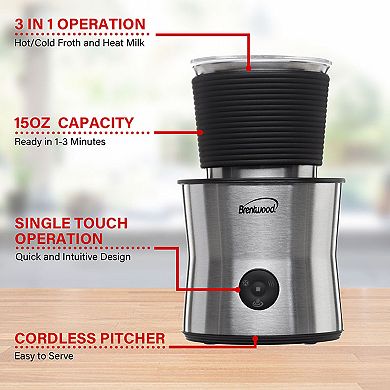 Brentwood 15 Ounce Cordless Electric Milk Frother, Warmer, and Hot Chocolate Maker in Stainless Steel