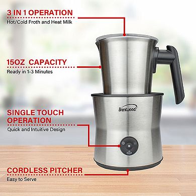 Brentwood 15 Ounce Cordless Electric Milk Frother, Warmer, and Hot Chocolate Maker in Stainless Steel