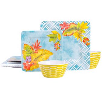 Laurie Gates Tropicalla 12 pc Square Melamine Dinnerware Set