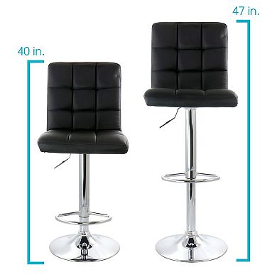 Elama 2 Piece Square Tufted Faux Leather Adjustable Bar Stool in Black with Chrome Base