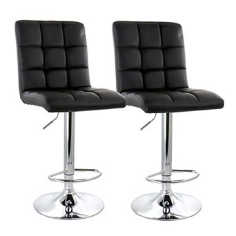 Elama 2 pc Square Tufted Faux Leather Adjustable Bar Stool in Black with Chrome Base