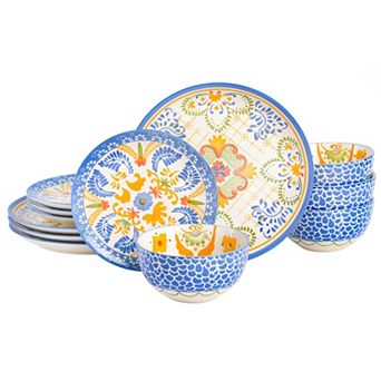 Laurie Gates Tierra Tile 12 pc Round Stoneware Dinnerware Set in Assorted Designs