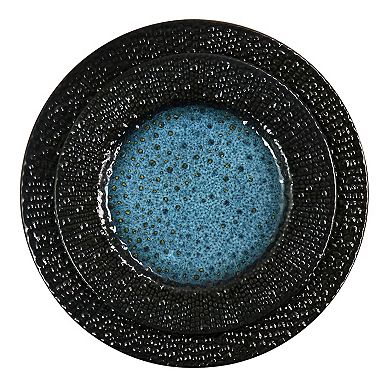 Elama Estevan 16 Piece Round Textured Stoneware Dinnerware Set in Charcoal and Blue