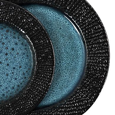 Elama Estevan 16 Piece Round Textured Stoneware Dinnerware Set in Charcoal and Blue