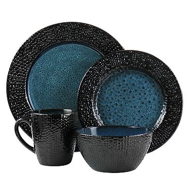 Elama Estevan 16 Piece Round Textured Stoneware Dinnerware Set in Charcoal and Blue