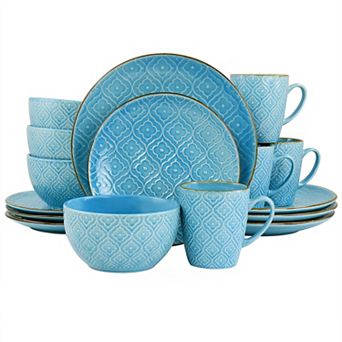 Elama Aqualite 16 pc Embossed Stoneware Dinnerware Set in Teal