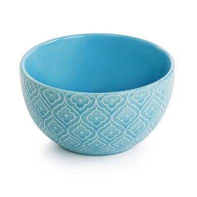 Elama Aqualite 16 Piece Embossed Stoneware Dinnerware Set in Teal