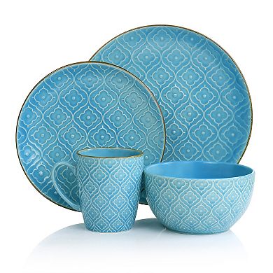 Elama Aqualite 16 Piece Embossed Stoneware Dinnerware Set in Teal