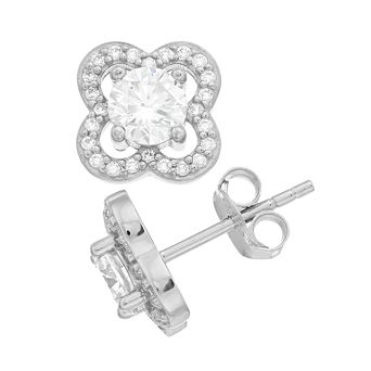 Stella Valentino Sterling Silver Lab Created Moissanite Four-Leaf Halo Cluster Stud Earrings