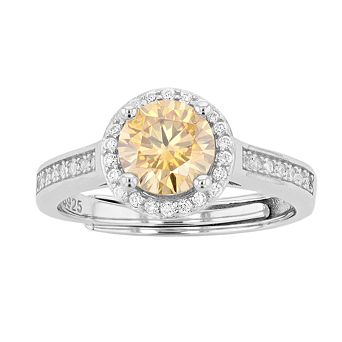 Stella Valentino Sterling Silver Fancy Yellow & White Lab Created Moissanite Halo Adjustable Ring