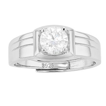 Stella Valentino Sterling Silver Lab Created Moissanite Solitaire Grooved Adjustable Ring