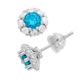 Stella Valentino Sterling Silver Lab Created Moissanite & Blue Topaz Round Halo Stud Earrings