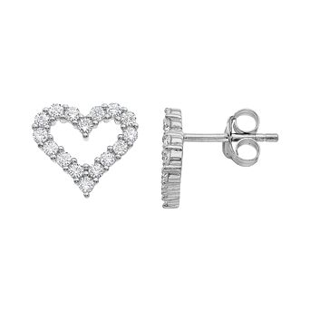 Stella Valentino Sterling Silver Lab Created Moissanite French Pave Heart Halo Stud Earrings