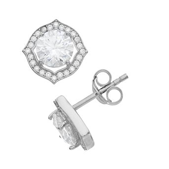 Stella Valentino Sterling Silver Lab Created Moissanite Round Geometric Halo Stud Earrings