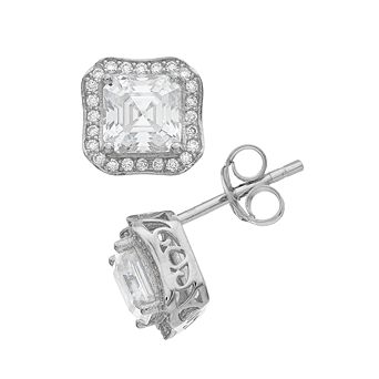 Stella Valentino Sterling Silver Radiant Lab Created Moissanite Halo Vintage Geometric Square Stud Earrings
