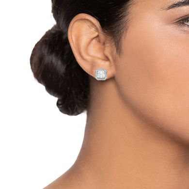 Stella Valentino Sterling Silver Radiant Lab Created Moissanite Halo Vintage Geometric Square Stud Earrings