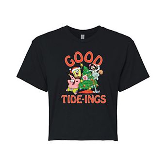 Juniors' SpongeBob SquarePants Christmas Tideings Cropped Tee