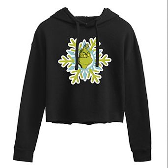 Juniors' Dr. Seuss's The Grinch Snowflake Cropped Graphic Hoodie