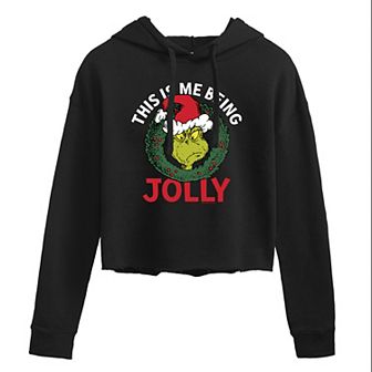 Juniors' Dr. Seuss's The Grinch Being Jolly Cropped Graphic Hoodie