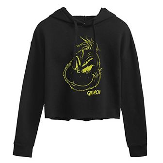 Juniors' Dr. Seuss's The Grinch Green Headshot Cropped Graphic Hoodie
