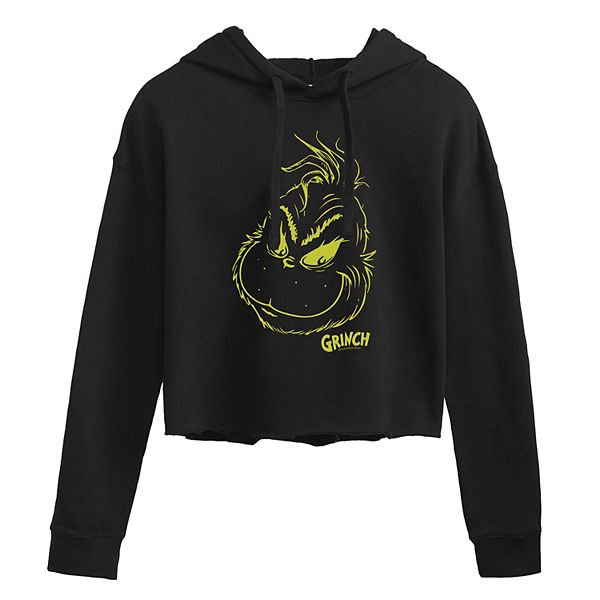 Juniors' Dr. Seuss's The Grinch Green Headshot Cropped Graphic Hoodie