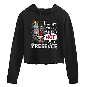 Juniors' Dr. Seuss's The Grinch I Want Your Presents Cropped Graphic Hoodie