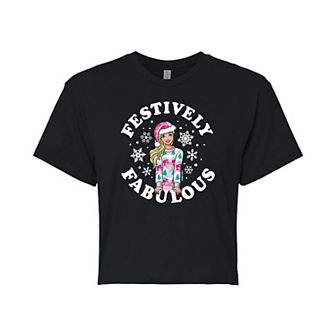 Juniors' Barbie Festively Fabulous Cropped Graphic Tee