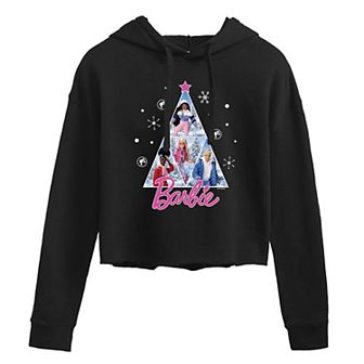 Juniors' Barbie Christmas Tree Photos Cropped Graphic Hoodie