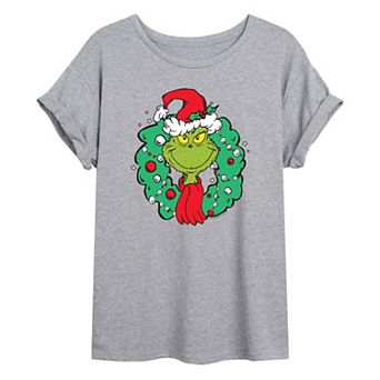 Juniors' Dr. Seuss's The Grinch Wreath Oversized Graphic Tee
