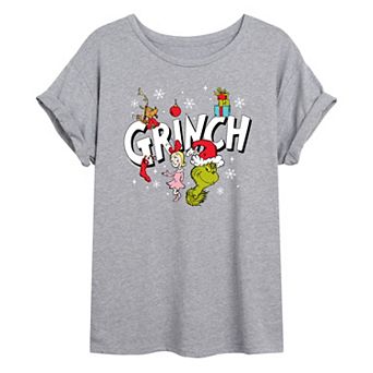 Juniors' Dr. Seuss's The Grinch Logo Snowflakes & Presents Oversized Graphic Tee