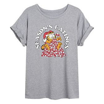 Juniors' Garfield "Seasons Eatings" Candy Canes Oversized Graphic Tee