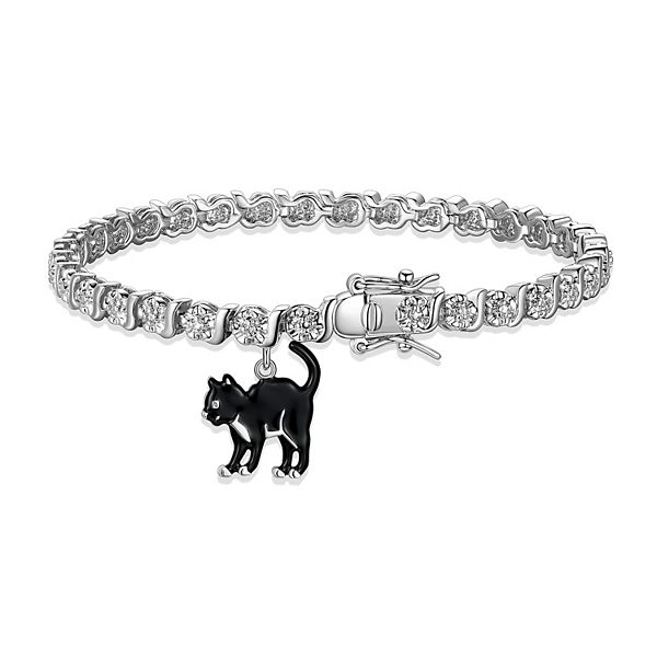 Sarafina Diamond Accent Black Cat Charm Bracelet - Silver Tone