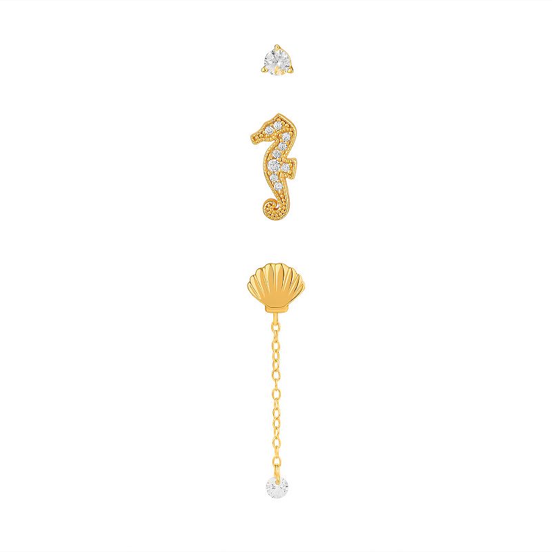 PRIMROSE 18K Gold Over Silver Cubic Zirconia Stud, Seahorse Stud & Shell St