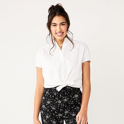 juniors white dress shirt Juniors' SO® Short Sleeve Button-Front Shirt