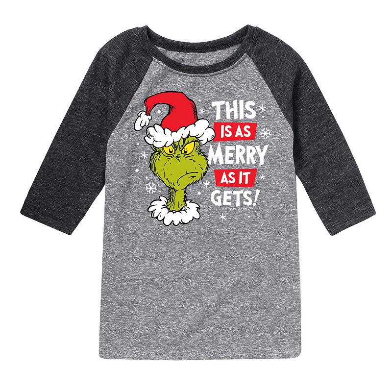 Licensed Character Boys 8-20 Dr. Seuss How the Grinch Stole Christmas Merry As It Gets Raglan Graphic Tee, Boy's, Size: Small, Gray Black