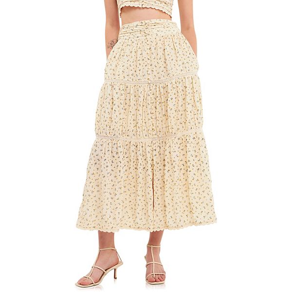 Laced Trim Buttoned Split Maxi Skirt