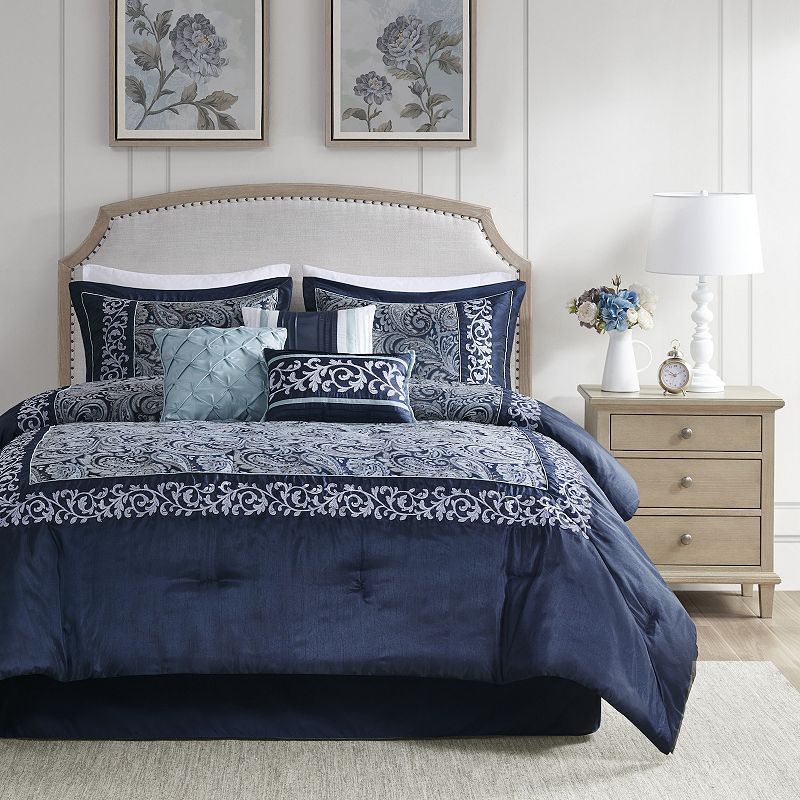 Madison Park Elaine 7-Piece Embroidered Jacquard Paisley Comforter Set with