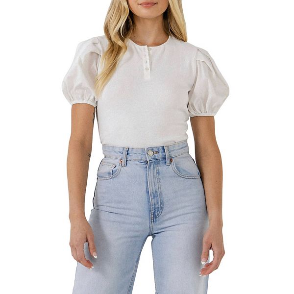 Mixed Media Puff Sleeve Henley Top