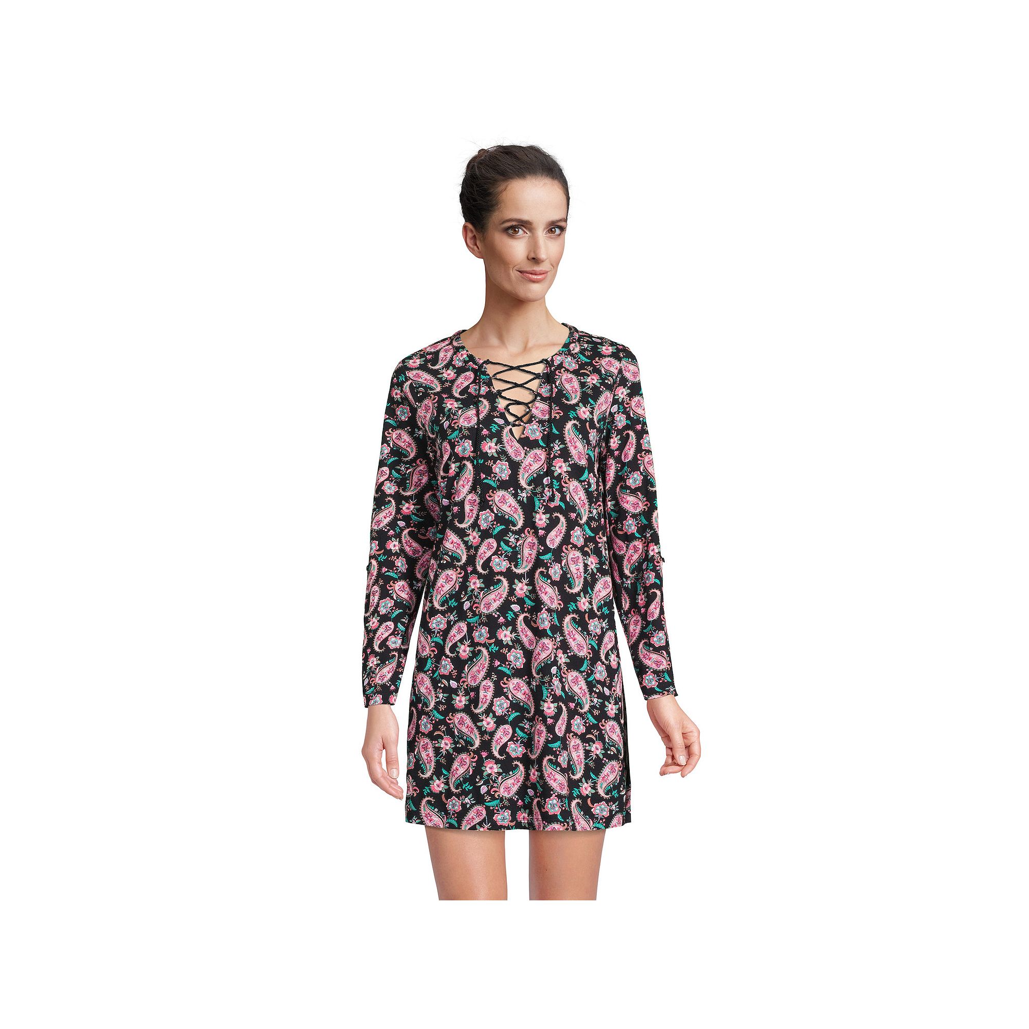 Womens Lands End V-neck Tunic Swim Cover-Up Shirtdress, Size: XS, Black P