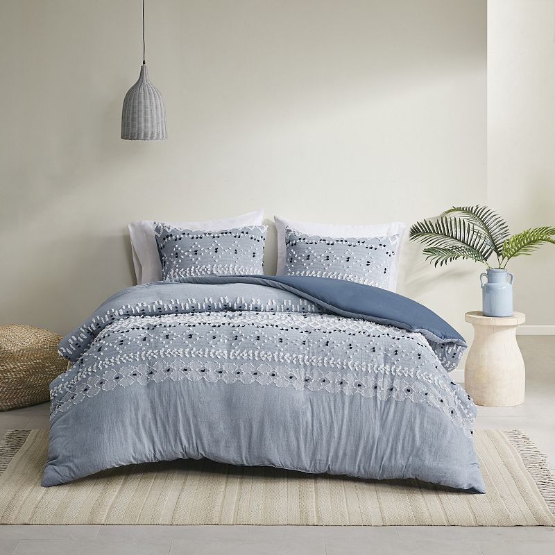 INK+IVY Dora Organic Cotton Clipped Chambray 3-Piece Duvet Cover Set with S