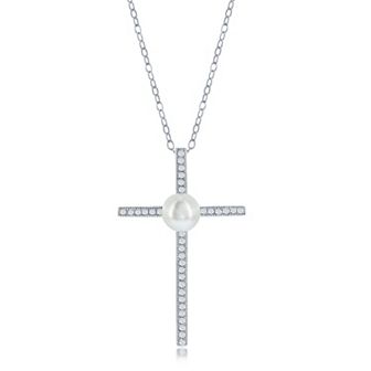 Argento Bella Sterling Silver Freshwater Cultured Pearl & Cubic Zirconia Cross Necklace