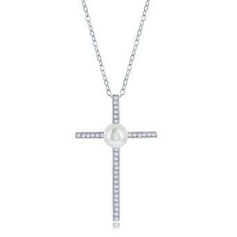 Argento Bella Sterling Silver Freshwater Cultured Pearl & Cubic Zirconia Cross Necklace