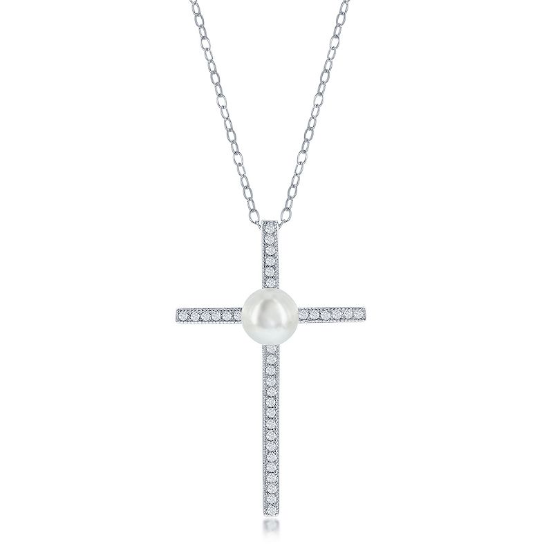 Argento Bella Sterling Silver Pearl & Cubic Zirconia Cross Necklace, Women